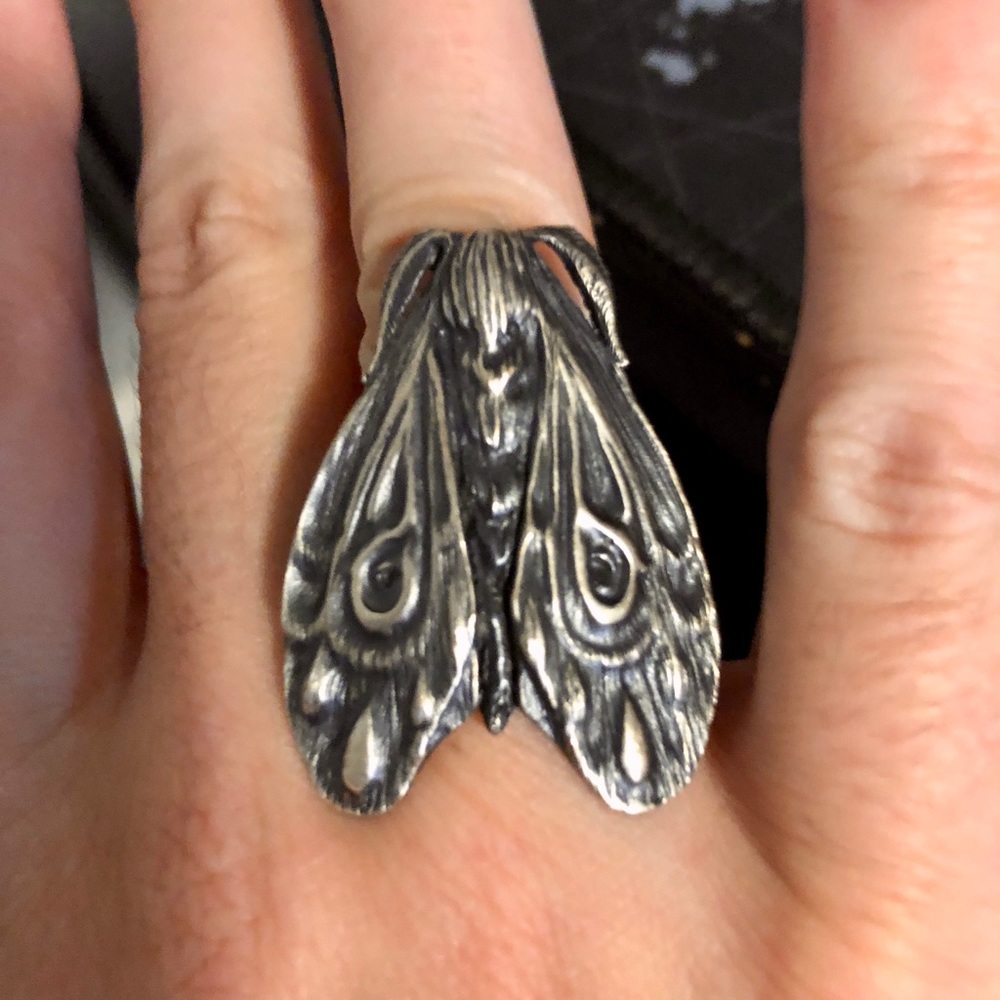 Blood Milk sterling silver grief moth ring, size 6.25